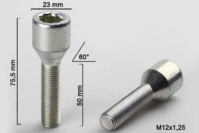 M12x1,25, Wielbout conisch inbus, Draadlengte 50mm, 23mm kopdiameter